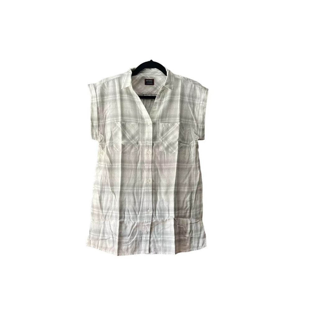 Untuckit Shirt Women's 6 Gray White Plaid Villefranche Button Down Cotton Tencel